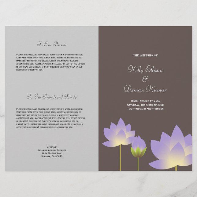 Purple lotus flower modern gray wedding program (Front)
