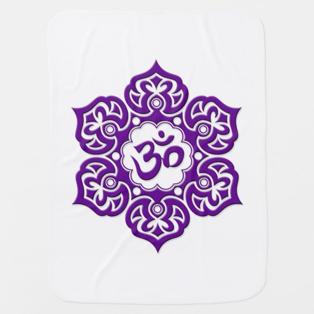 Purple Lotus Flower Om on White Baby Blanket (Front)