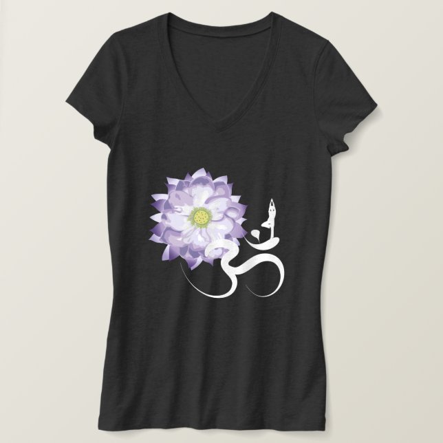 Purple Lotus Flower Yoga & Om/Aum Zen Calligraphy T-Shirt (Design Front)