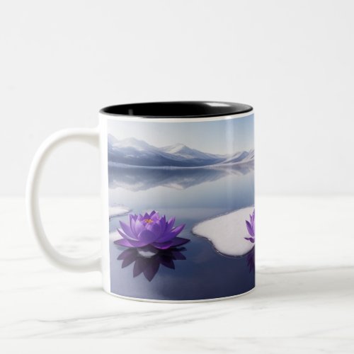 Purple Lotus flowers on a winter lake Two_Tone Coffee Mug