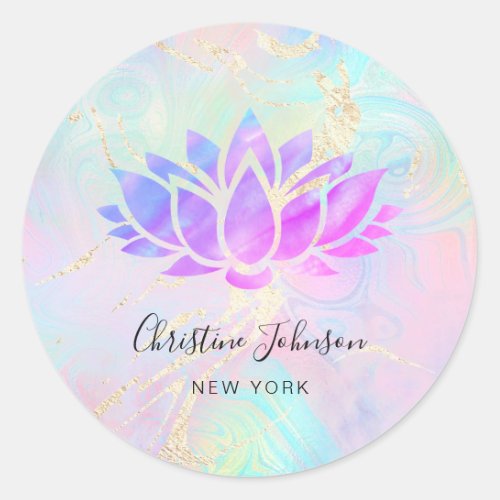 purple lotus logo on faux holographic design classic round sticker
