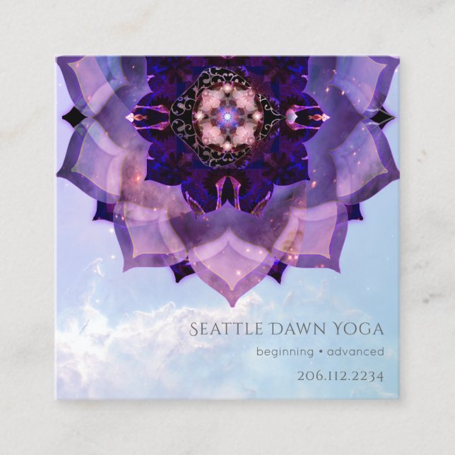 Purple Lotus Mandala Modern Yoga Instructor Square Business Card (Front)