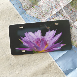 Purple Lotus Waterlily Dragonfly License Plate