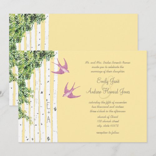 Vintage Love Bird Birch Tree Wedding Invitations