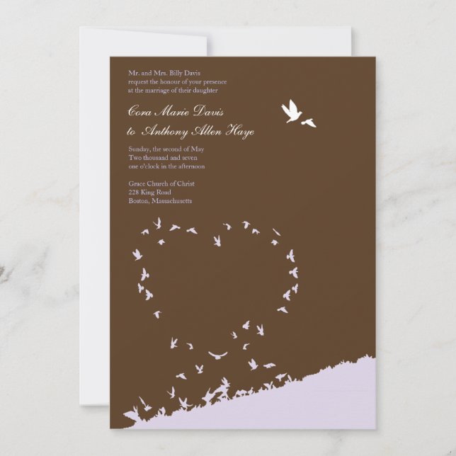 Purple love bird wedding invitation (Front)