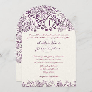 Purple Love Birds Damask Monogram Weddings Invitation
