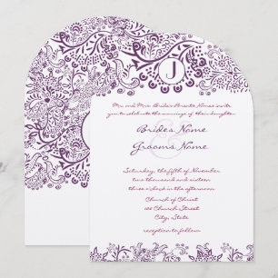 Purple Love Birds Damask Monogram Weddings Invitation