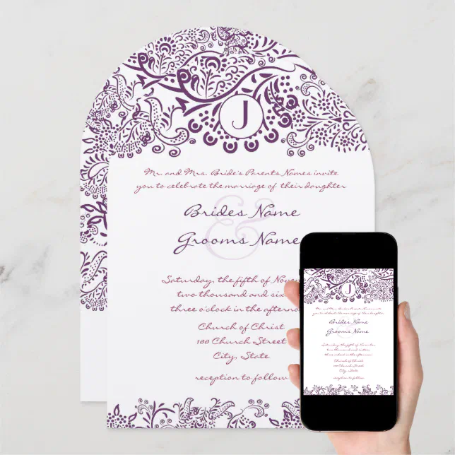 Purple Love Birds Damask Monogram Weddings Invitation Zazzle