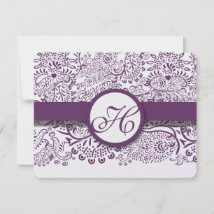 Purple Love Birds Damask Monogram Weddings RSVP Card