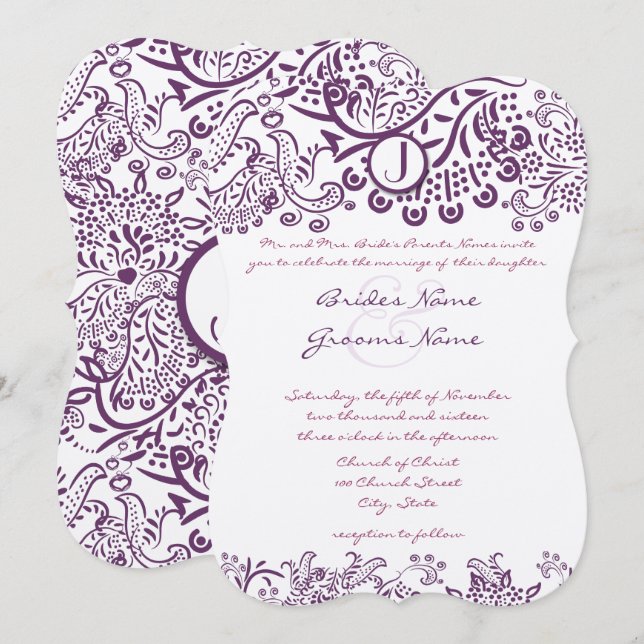 Purple Love Birds Fairy Tale Monogram Weddings Invitation (Front/Back)