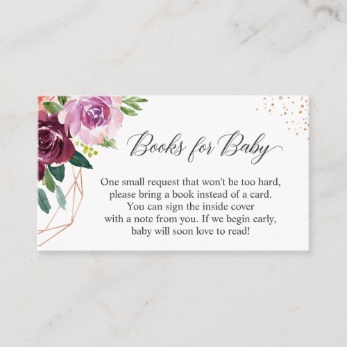 Purple Love Floral Bring Books for Baby Shower Enclosure Card - Customize and insert this "Rose Gold Plum Purple Floral Baby Shower Book Request" enclosure card with the invitation inside the envelope so that your guests will know your requests. For further customization, please click the "customize further" link and use our design tool to modify this template. If you need help or matching items, please contact me.