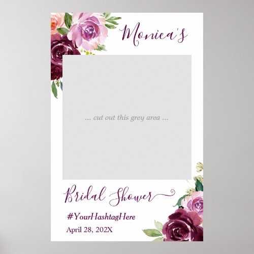 Purple Love Floral Chic Bridal Shower Photo Booth Poster - Purple Love Floral Chic Bridal Shower Photo Booth Prop Poster. 
(1) The default size is 24"x36" inches, you can change it to other size. 18"x27" (1-2 people), 24"x36" (2-3 people), 32"x48" (3-4 people). 
(2) Once you receive the poster, you need to mount it on a foam board (foam board can usually be purchased from your local craft store or online ) and cutout the gray area.
