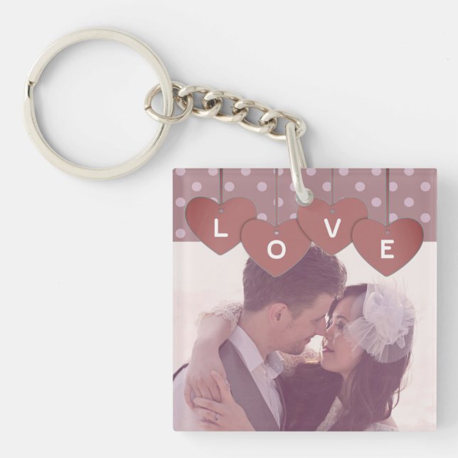 Purple Love Hearts Banner Overlaid Custom Photo Keychain (Front)