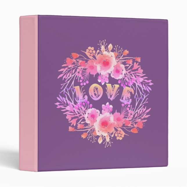 Purple LOVE in Watercolor Flowers 3 Ring Binder (Front/Spine)
