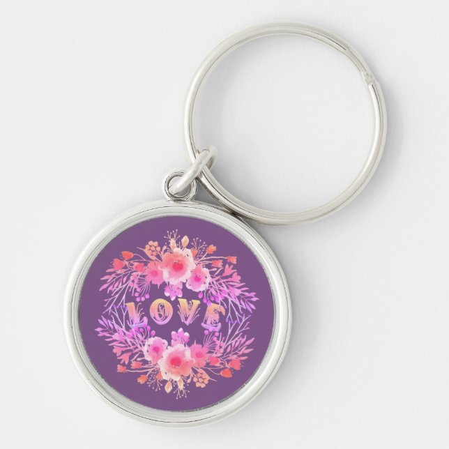 Purple LOVE in Watercolor Flowers Keychain (Front)