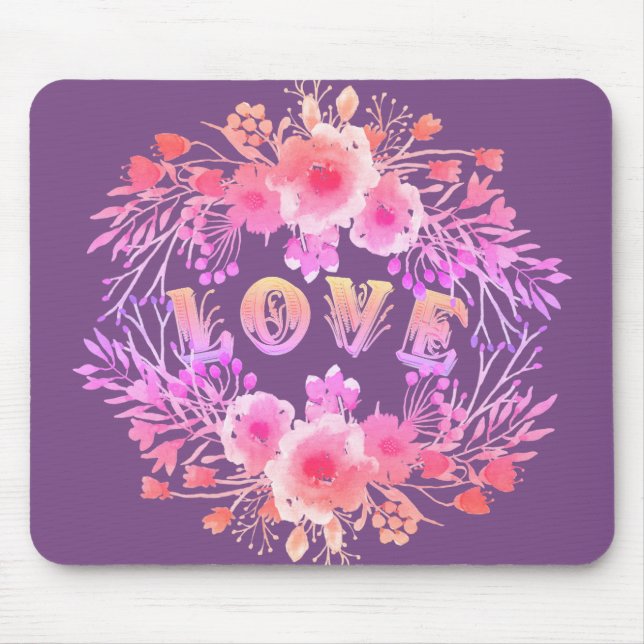 Purple LOVE in Watercolor Flowers Mouse Pad (Front)