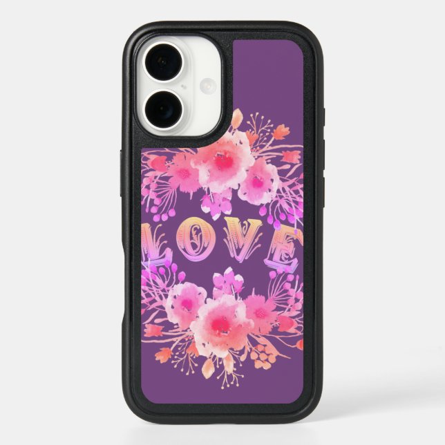 Purple LOVE in Watercolor Flowers Otterbox iPhone Case (Back)