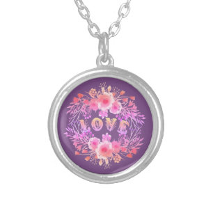 Purple LOVE in Watercolor Flowers Silver Plated Necklace