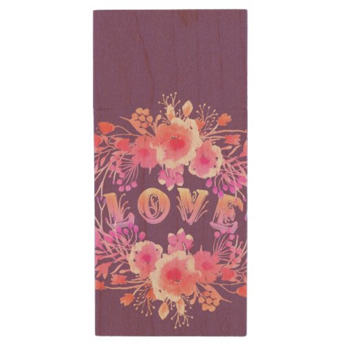 Purple LOVE in Watercolor Flowers Wood Flash Drive