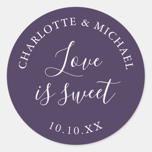 Purple Love Is Sweet Wedding Favor  Classic Round Sticker