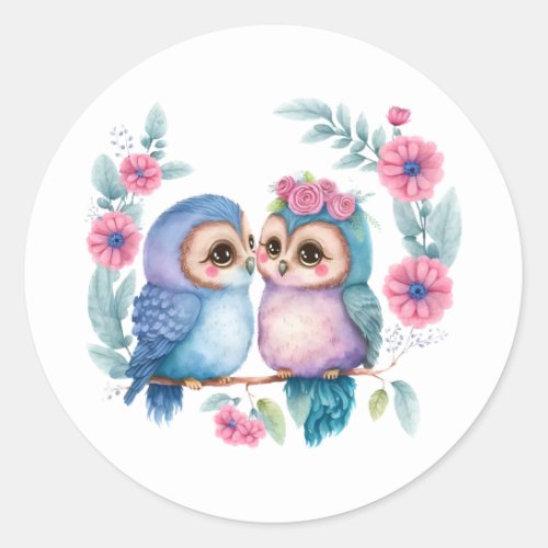 Purple Love Owls A Cute and Romantic Classic Round Sticker