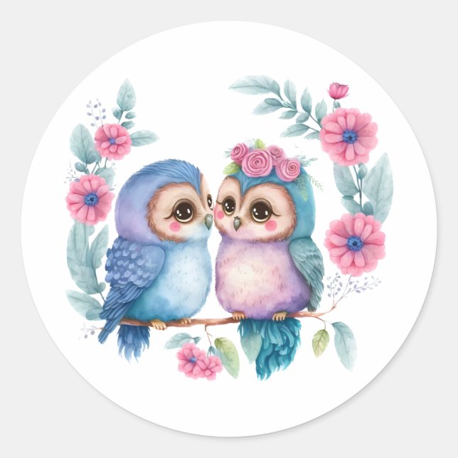 Purple Love Owls: A Cute and Romantic Classic Round Sticker (Front)