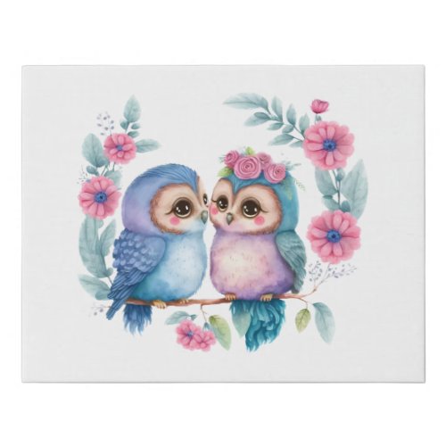 Purple Love Owls A Cute and Romantic Faux Canvas Print