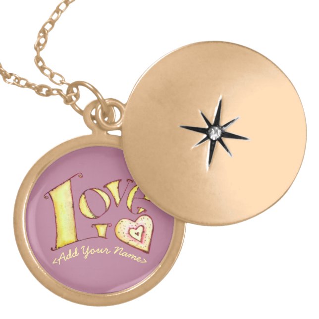 Purple Love Word with Heart Gold Locket (Front)