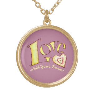 Purple Love Word with Heart Gold Necklace