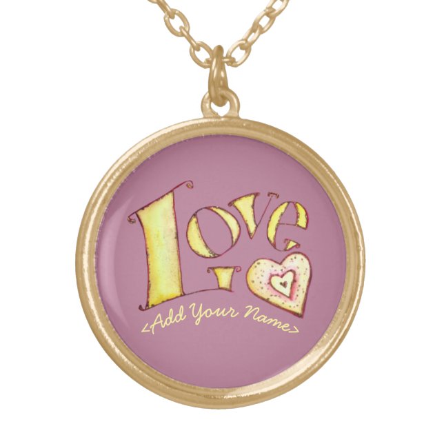 Purple Love Word with Heart Gold Necklace (Front)