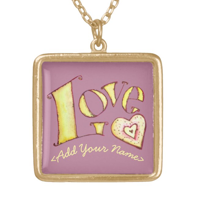 Purple Love Word with Heart Gold Necklace (Front)