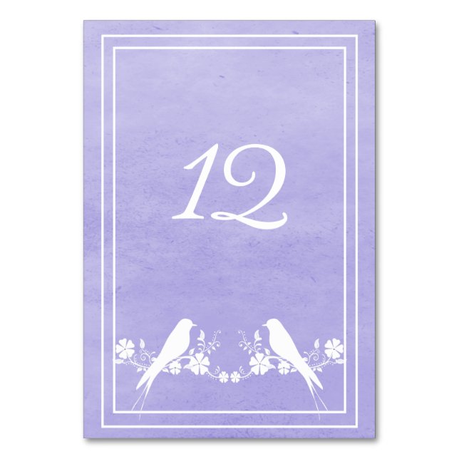 Purple Lovebird Floral Table Number Card (Front)