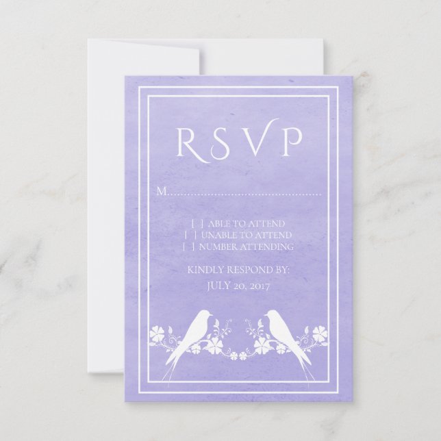 Purple Lovebird Floral Wedding RSVP Card (Front)