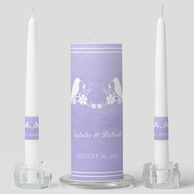 Purple Lovebird Floral Wedding Unity Candle Set (Front)