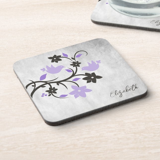Purple Lovebirds Beverage Coaster (Left Side)
