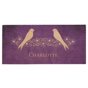 Purple Lovebirds Floral USB Wooden Flash Drive