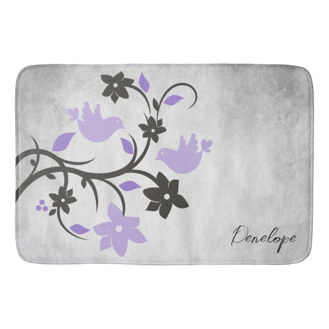 Purple Lovebirds Personalized Bath Mat (Front)