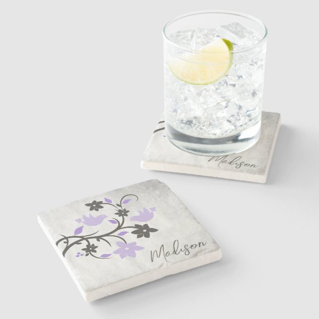 Purple Lovebirds Personalized Stone Coaster (Side)