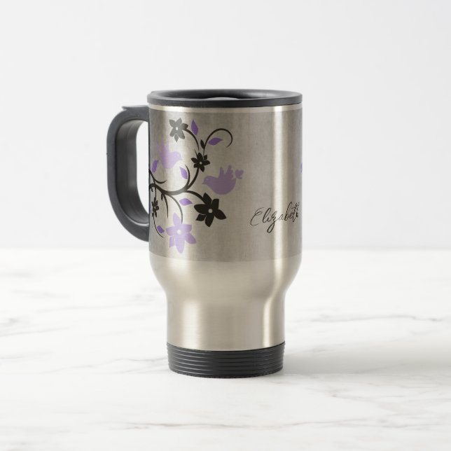 Purple Lovebirds Personalized Travel Mug (Front Left)