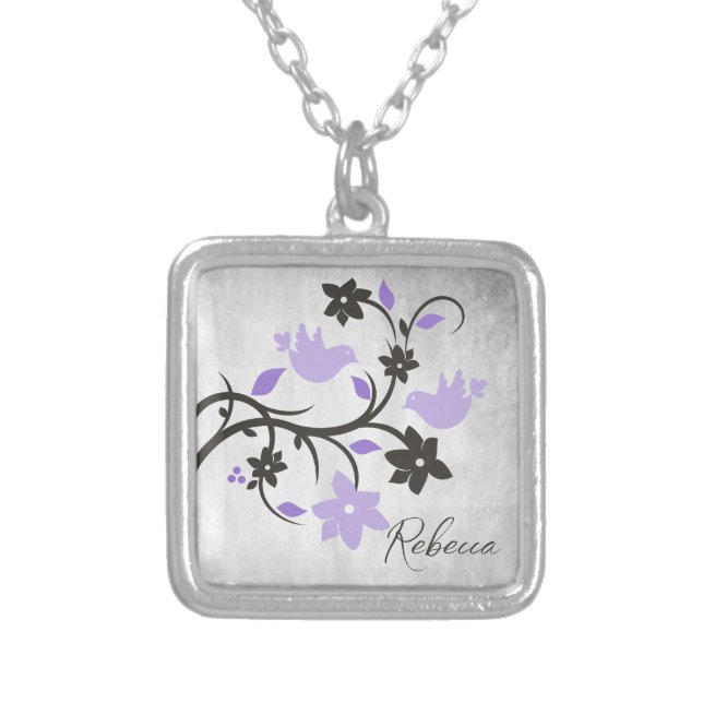 Purple Lovebirds Silver Plated Necklace (Front)