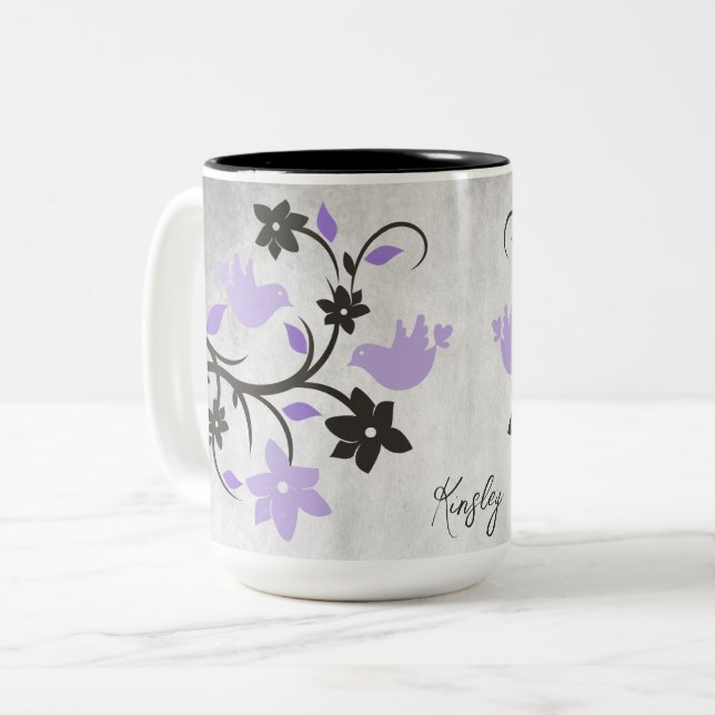 Purple Lovebirds Two-Tone Coffee Mug (Front Left)