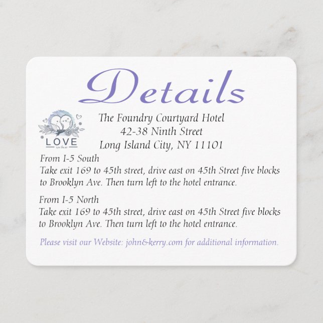 Purple Lovebirds Wedding Details / Direction Cards (Front)