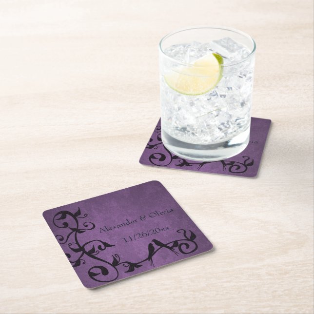 Purple Lovebirds Wedding Paper Coaster (Insitu)