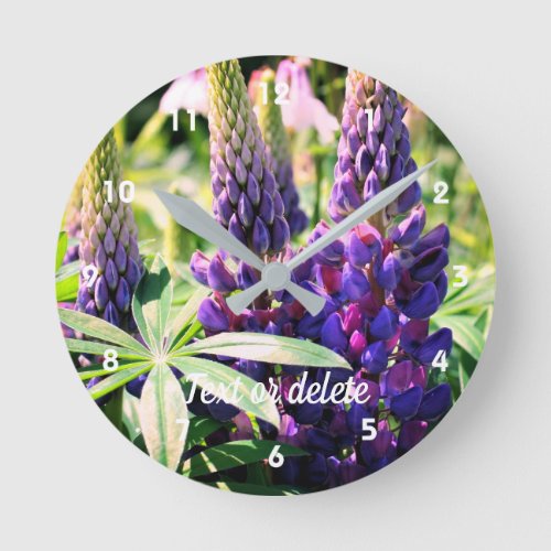 Purple Lupine Flower Trio Personalized Round Clock