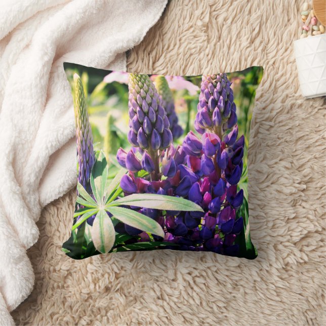 Purple Lupine Flower Trio   Throw Pillow (Blanket)