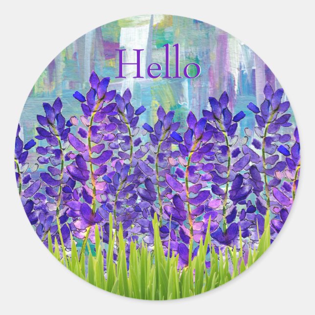 Purple Lupine Flowers Hello Round Stickers (Front)