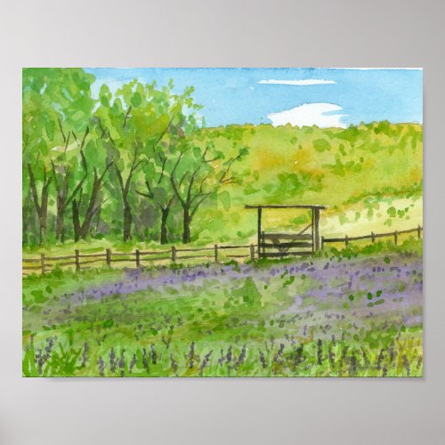 Purple Lupines Field Watercolor Landscape Painting Poster