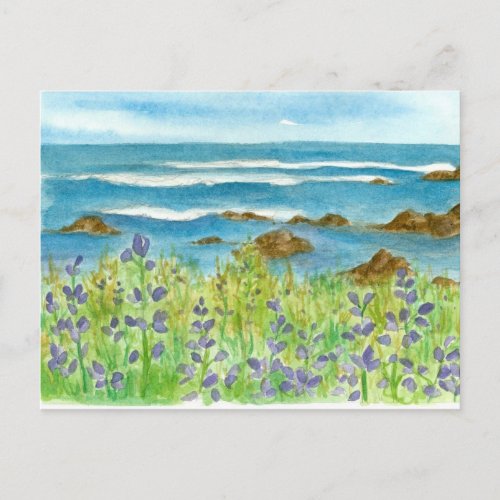 Purple Lupines Watercolor Wildflowers Ocean Waves Postcard