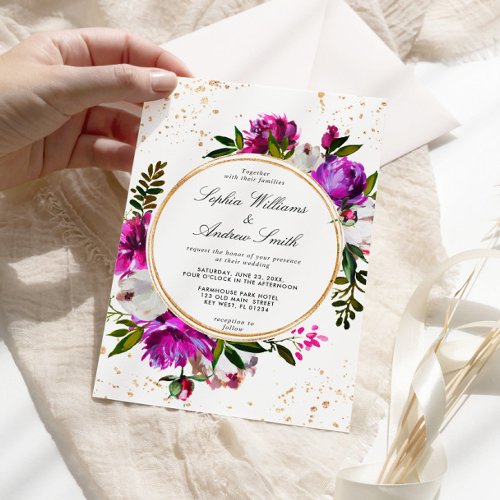 Purple Lush Flowers Wreath Wedding Invitation
