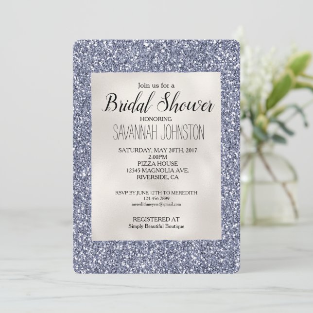 Purple Luxe Glitter Pearl White    Invitation (Standing Front)